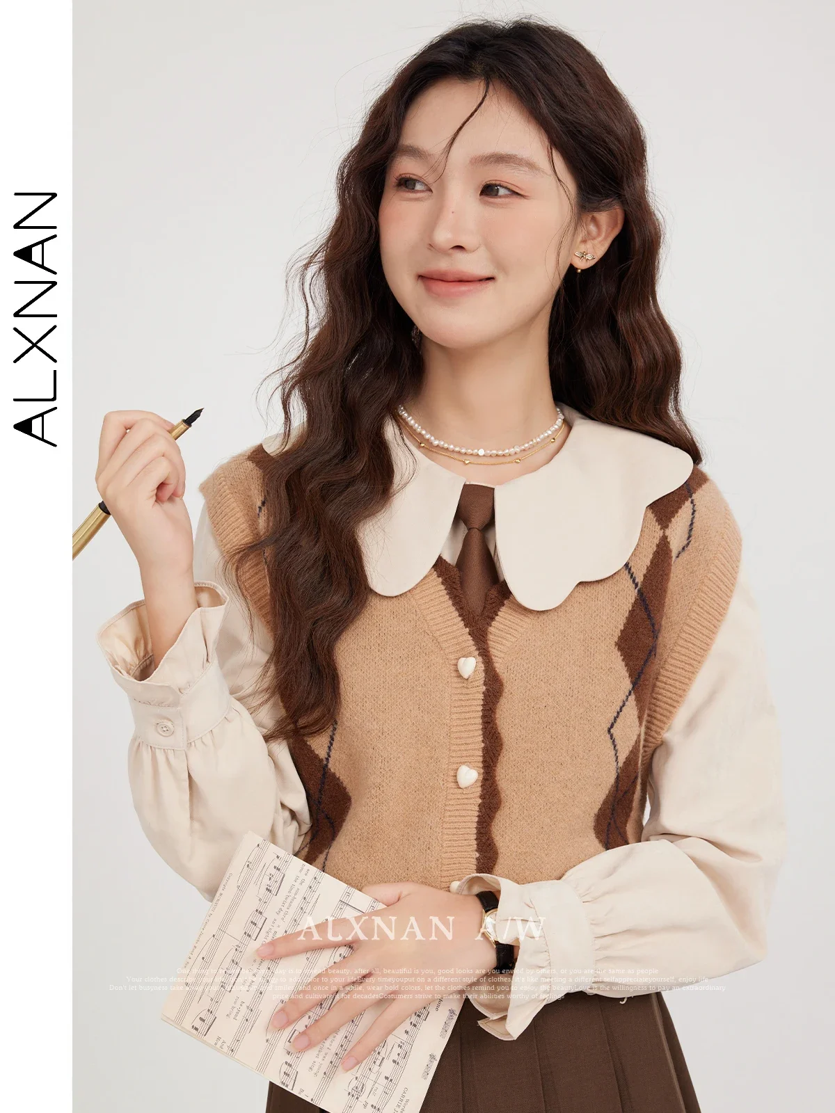 ALXNAN Argyle V-neck Knitted Sweater Vest for Women 2024 Fall Fashion Elegant Lady Sleeveless Waistcoat Sold Separately LXN31703