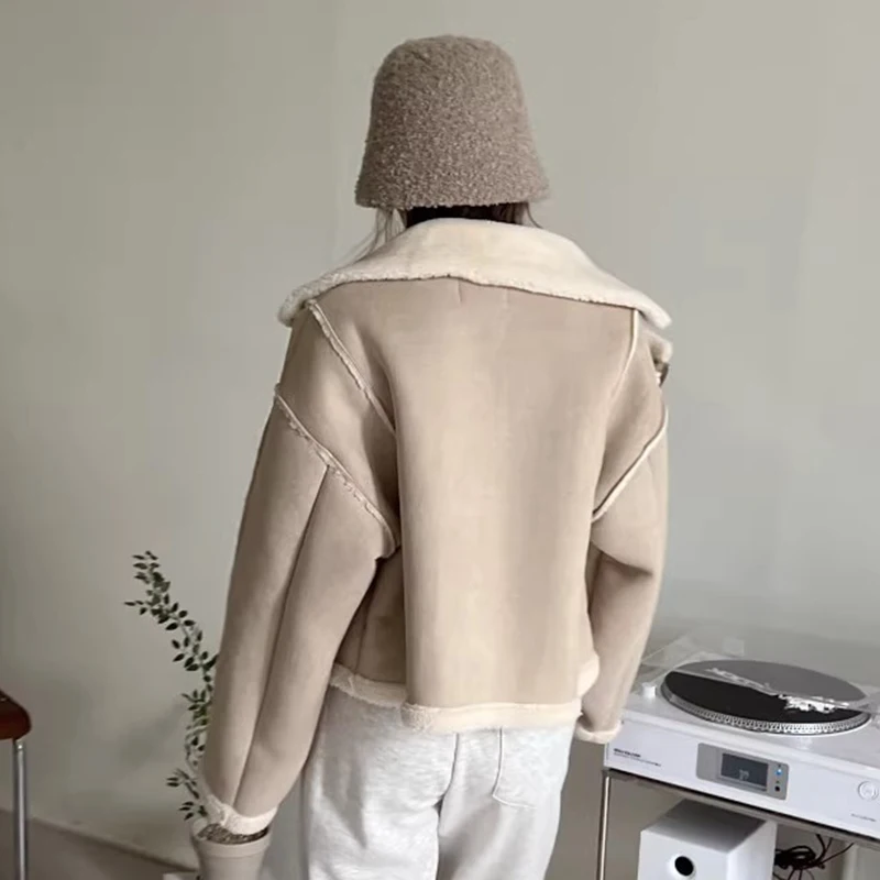 

Chic Winter New Retro Large Collar Loose Versatile Fur Leather Inteated Thi Warm ort Jaet Women's Faion Commute Sle