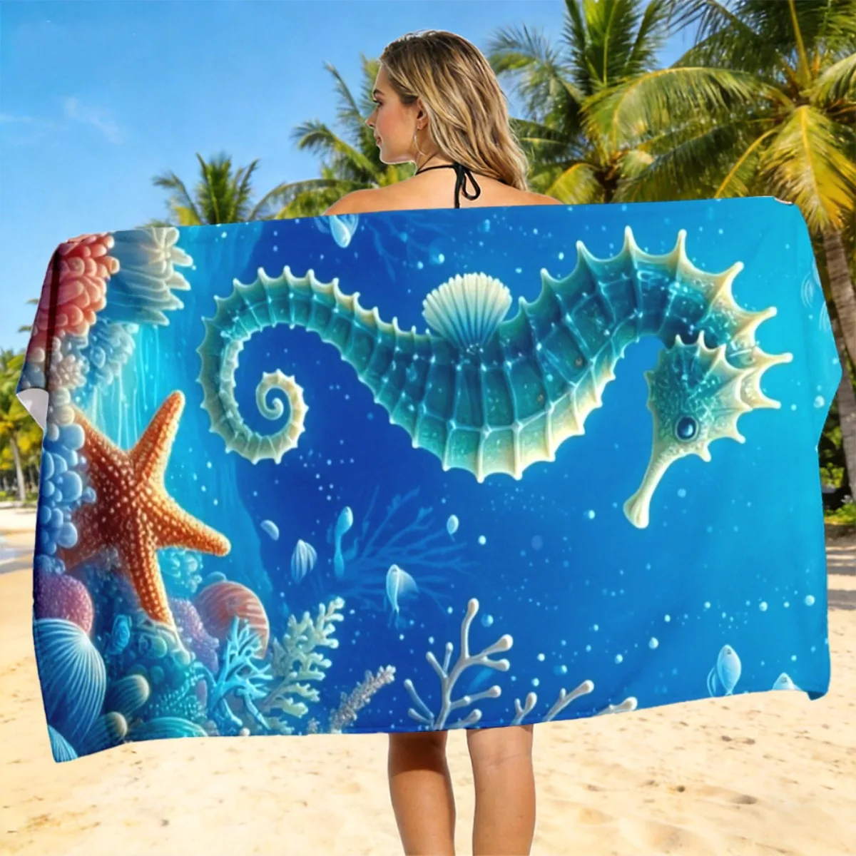 Seahorse Starfish Print Beach Towel Polyester Soft Quick Dry Large Bath Towel Summer Swimming Pool Surfing Blanket
