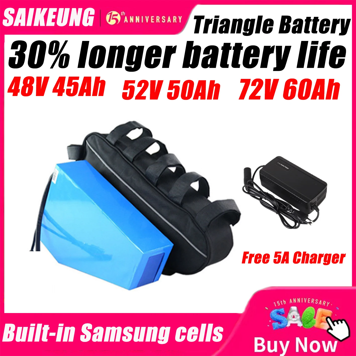 Cham Electric Bike Triangle 48V 45AH 50ah Battery 52V 40ah 21700 Cell Ride 72V 60ah100A BMS Huge Capacity 3000W with 5A charger
