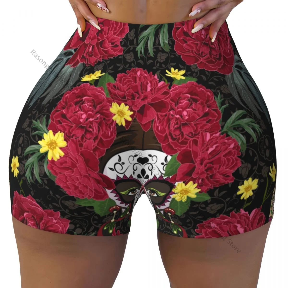 Women Yoga Shorts Calavera Catrina In Wreath Of Peonies Sugar Skulls Workout Shorts Fitness quick-dry Yoga Gym Running Short