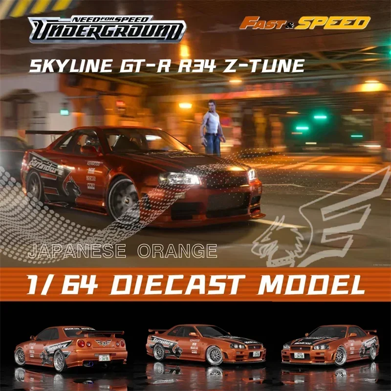 Modelo de coche subterráneo fundido a presión, dispositivo de velocidad rápida FS 1:64 Skyline GT-R R34 z-tune NFS, necesita velocidad 7