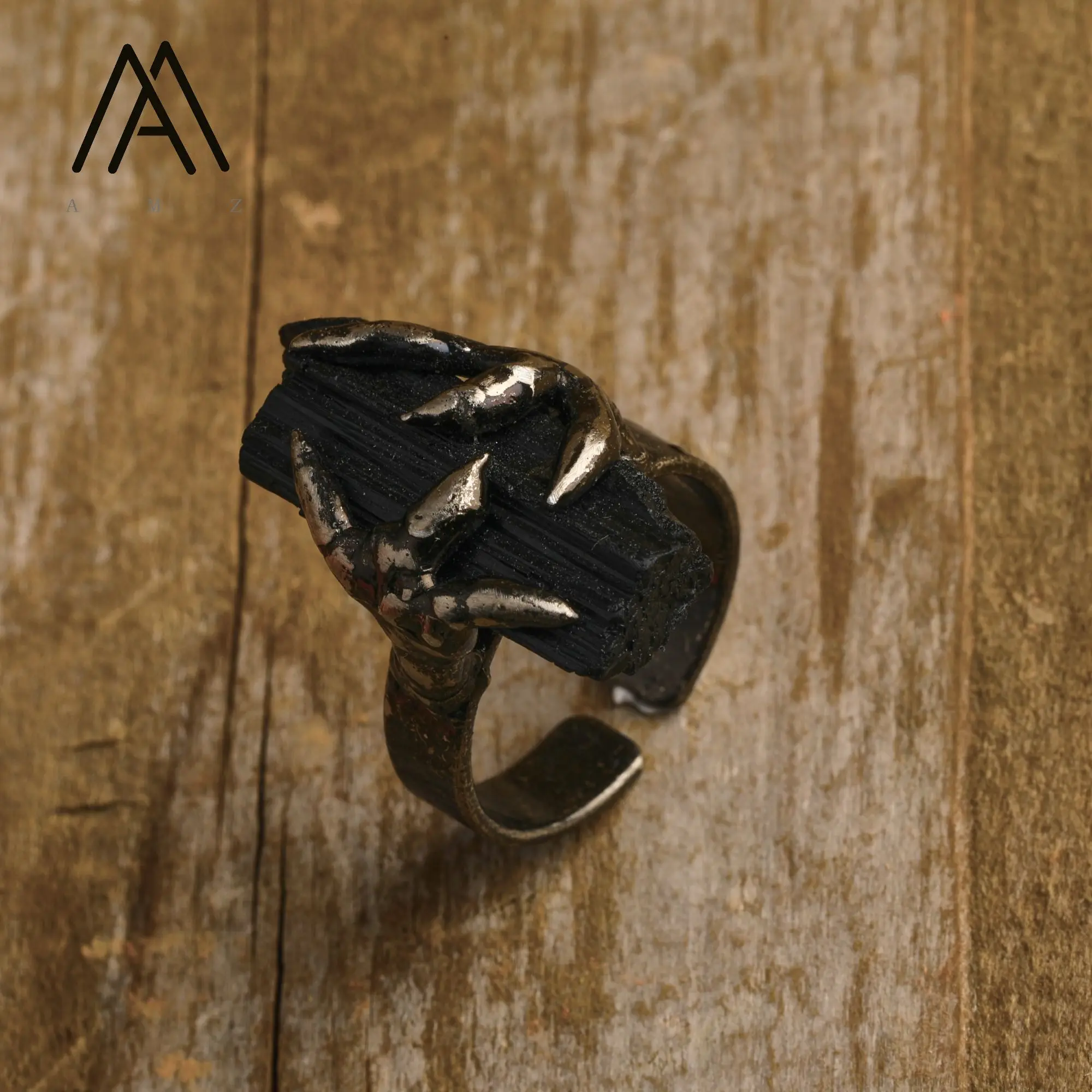 Raw Black Tourmaline Clawing Rings Open Finger Ring Antique Bronze Jewelry Men Gift