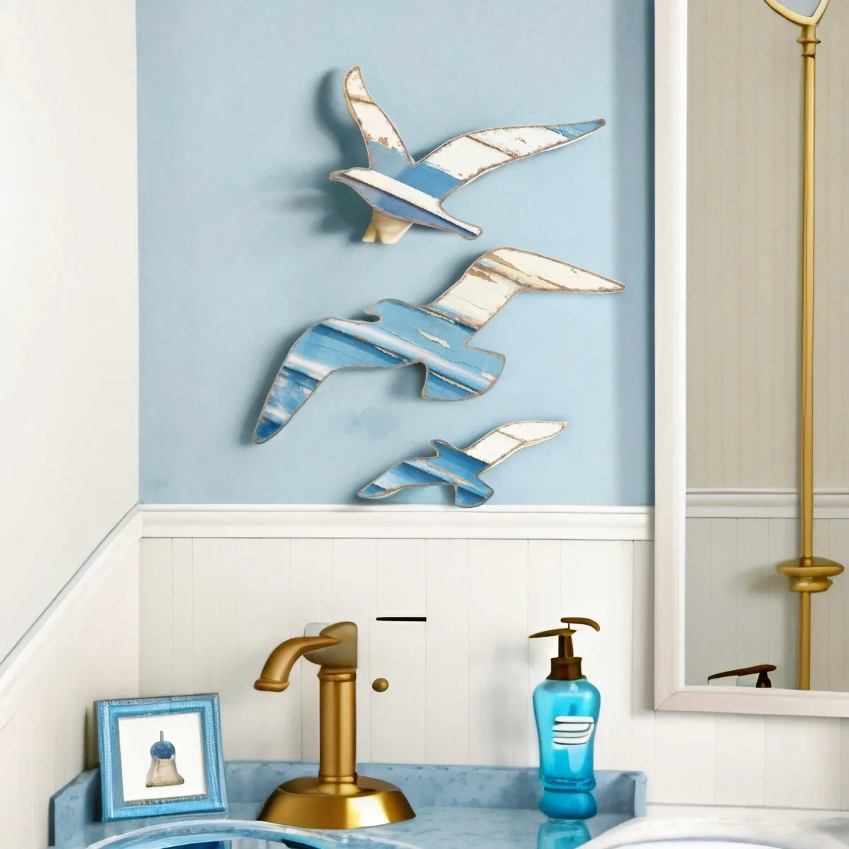 

3pcs Wooden Seagull Wall Decoration Mediterranean Coastal Wall Art Nautical Theme Wooden Ocean Decor for Home Bathroom Garden