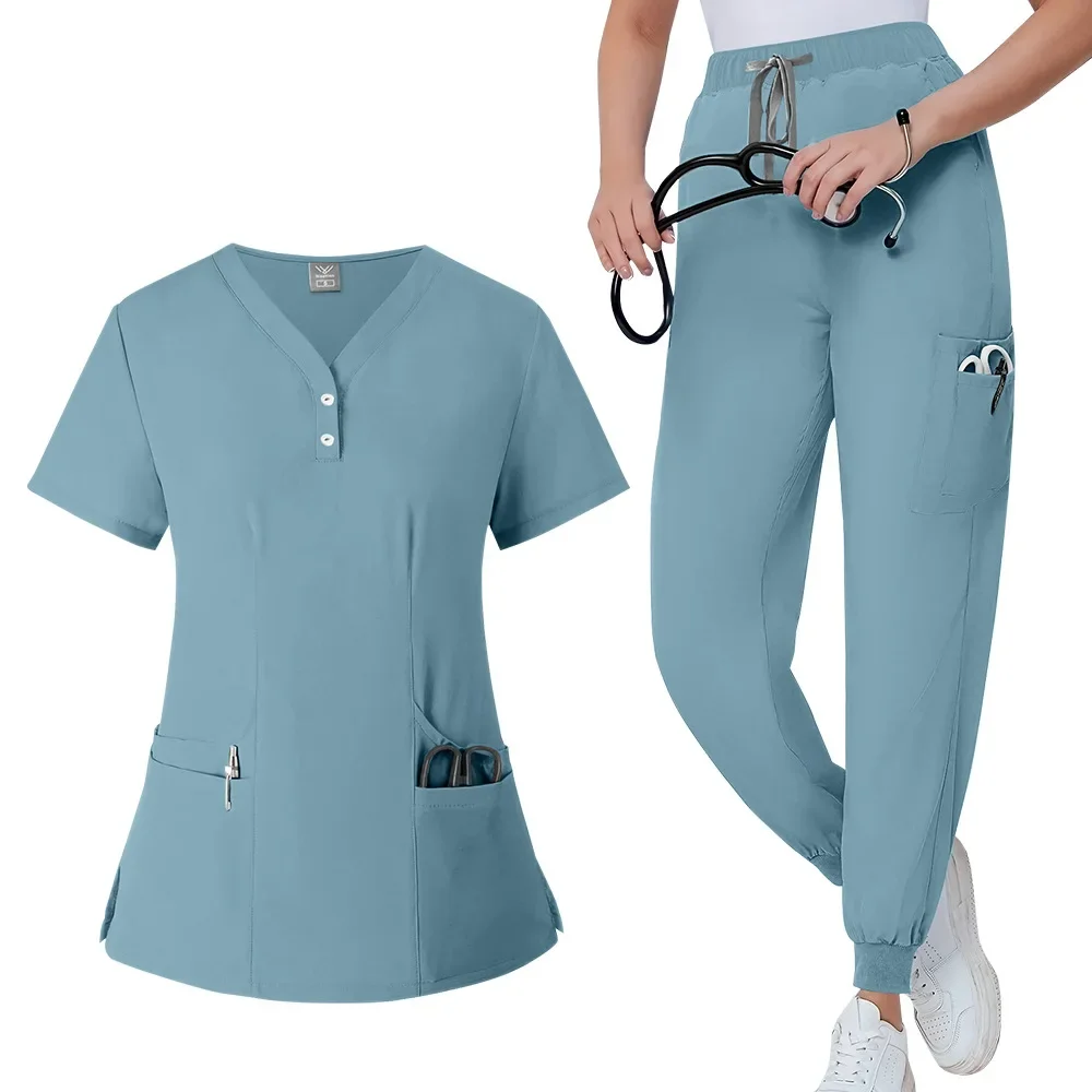 Pantalones médicos esmerilados para mujer con cintura media, elásticos, resistentes a las arrugas, pantalones ajustados, uniforme quirúrgico con bolsillo y cordón en la cintura