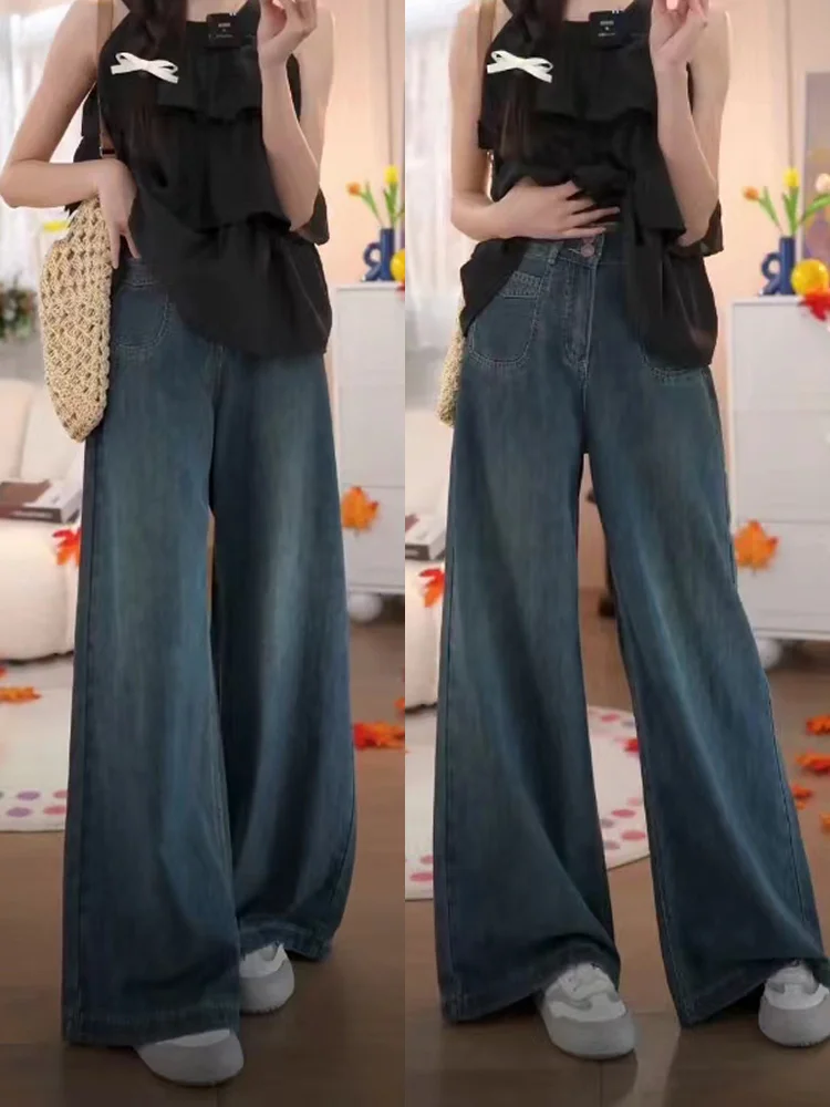 

Ретро джинсы с высокой талией и широкими штанинами для женщин, осенние, больших размеров, стройнящие, свободные, струящиеся, прямые, в пол, А-силуэт