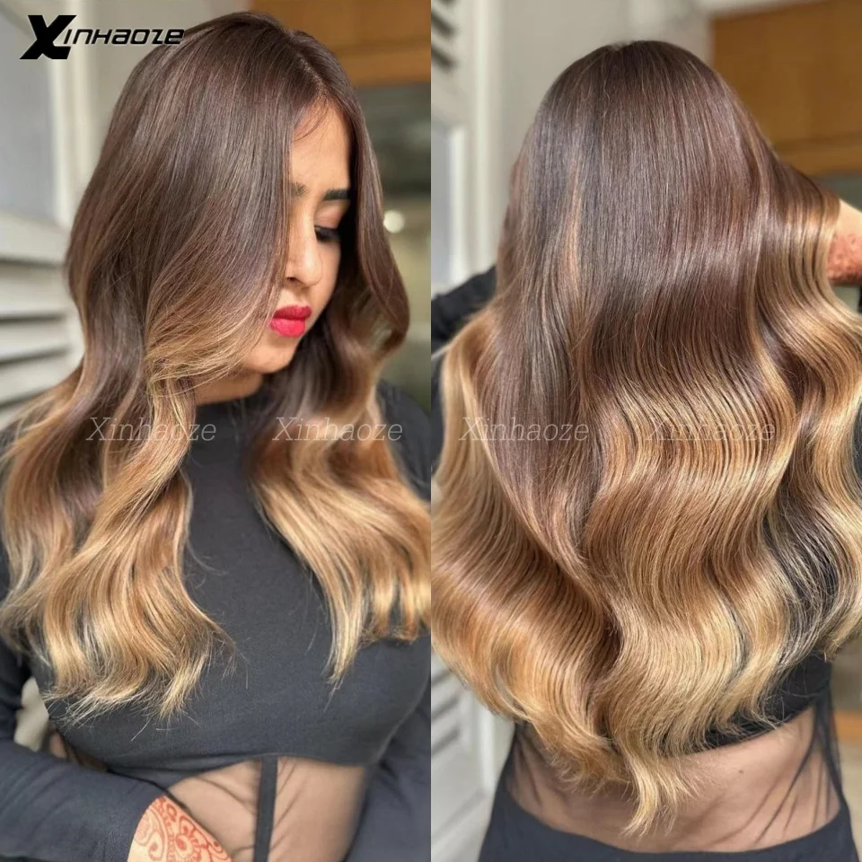 

13×4 Highlight Wig Human Hair Body Wave Ombre Human Hair Wig 13×6 360 HD Lace Front Wig Brazilian 4/27 Honey Blonde Colored Wigs