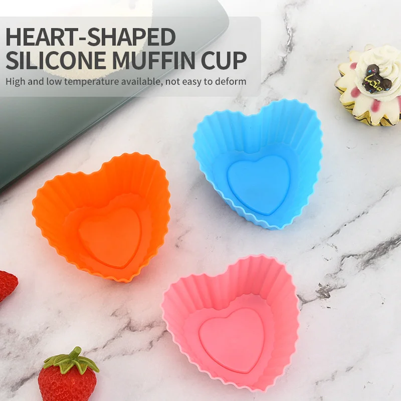 1Pcs Colorful Silicone Cupcake Liners Reusable Baking Cups Nonstick Easy Clean Pastry Muffin Molds Heart-shaped