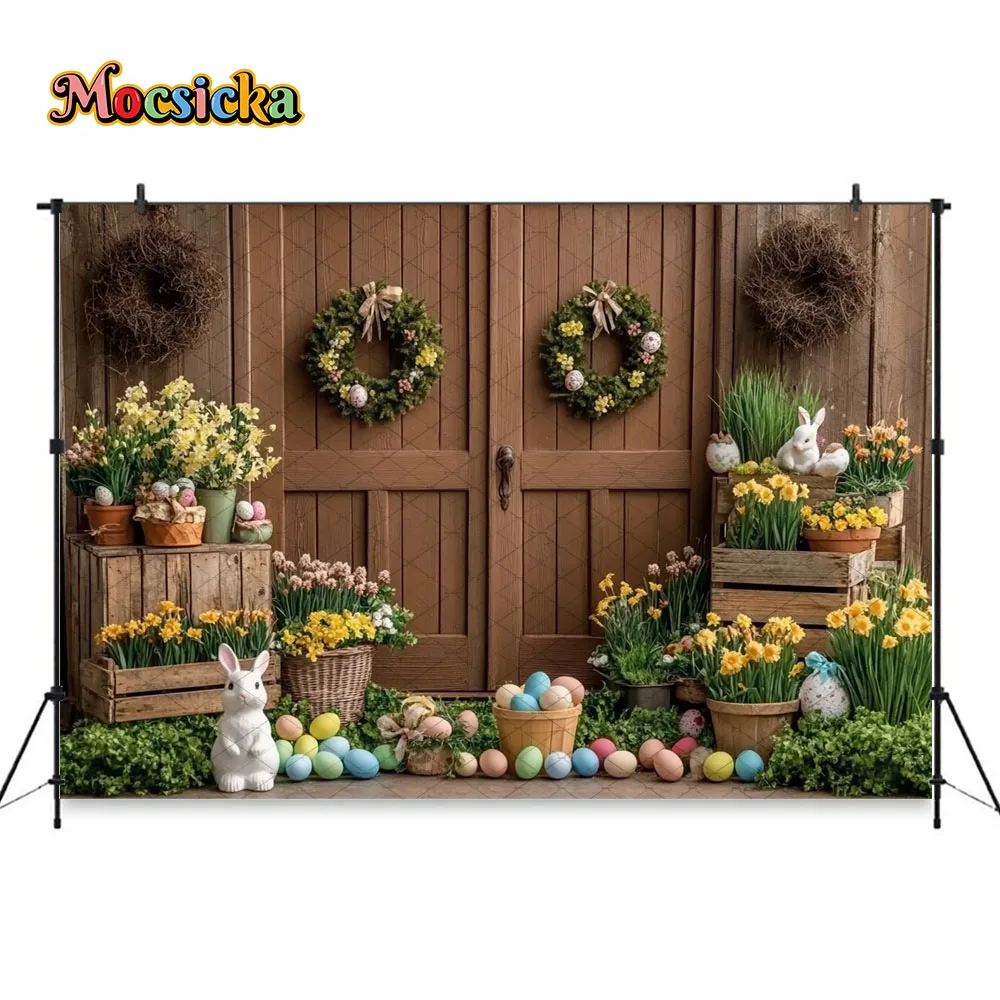 Mocsicka Easter Wooden Door Backdrop Photography Wreath Colorful Eggs Bunny Spring Floral Background Newborn Kids Portrait Props