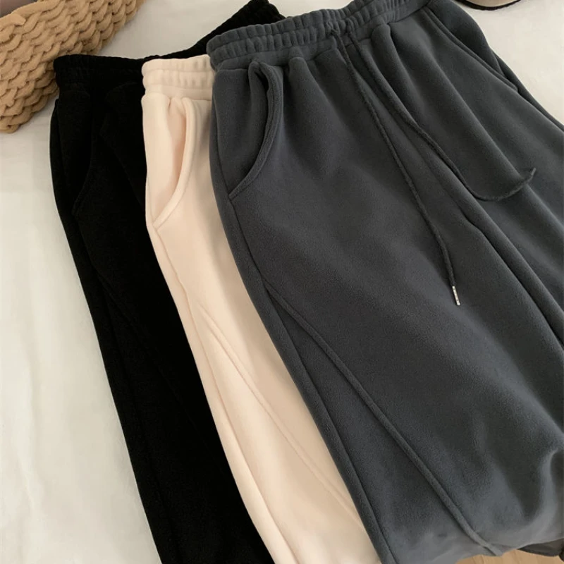 Polar Fleece Broek Vrouwen Hoge Taille Baggy Wijde Pijpen Joggingbroek Verdikt Rechte Trekkoord Warme Stiksels Rechte Broek