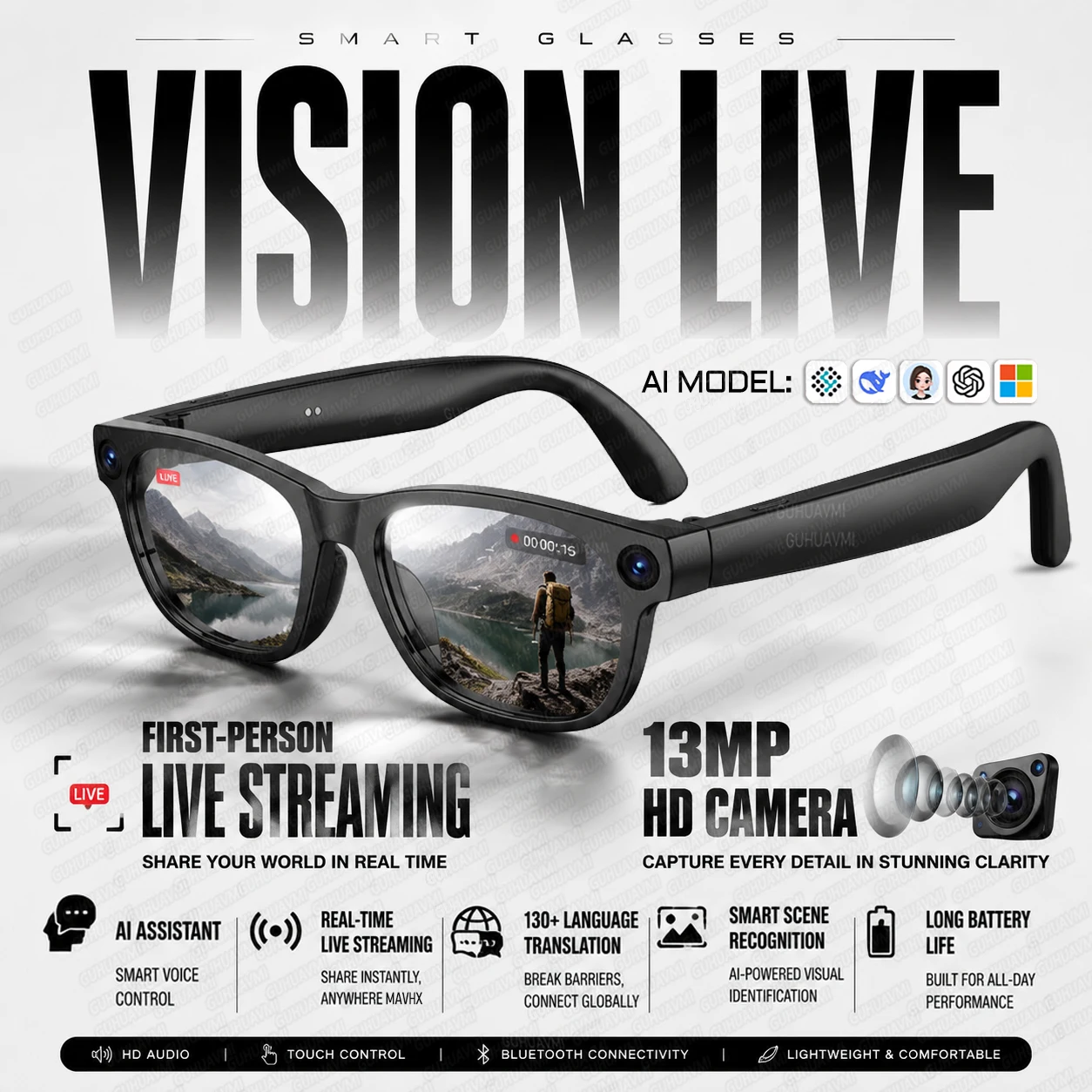 Lunettes Intelligentes à Commande Vocale IA avec Caméra 13MP, Vidéo HD, Diffusion en Direct, Contrôle Tactile, Traduction IA, Appel Bluetooth, Audio, Lunettes de Soleil pour Hommes
