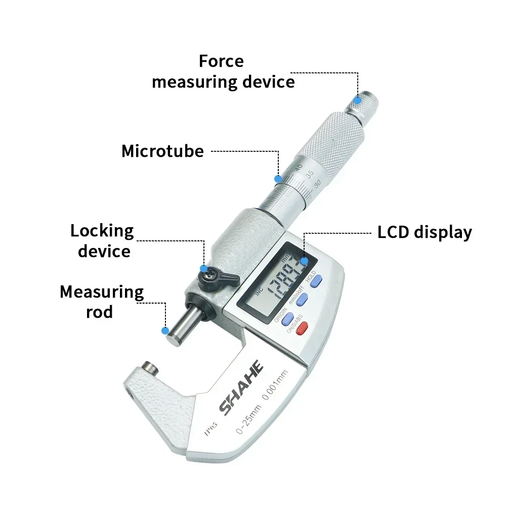 Shahe-micrómetro Digital exterior de 0-25mm, micrómetro electrónico, herramientas de medición de calibre Digital de 0,001mm