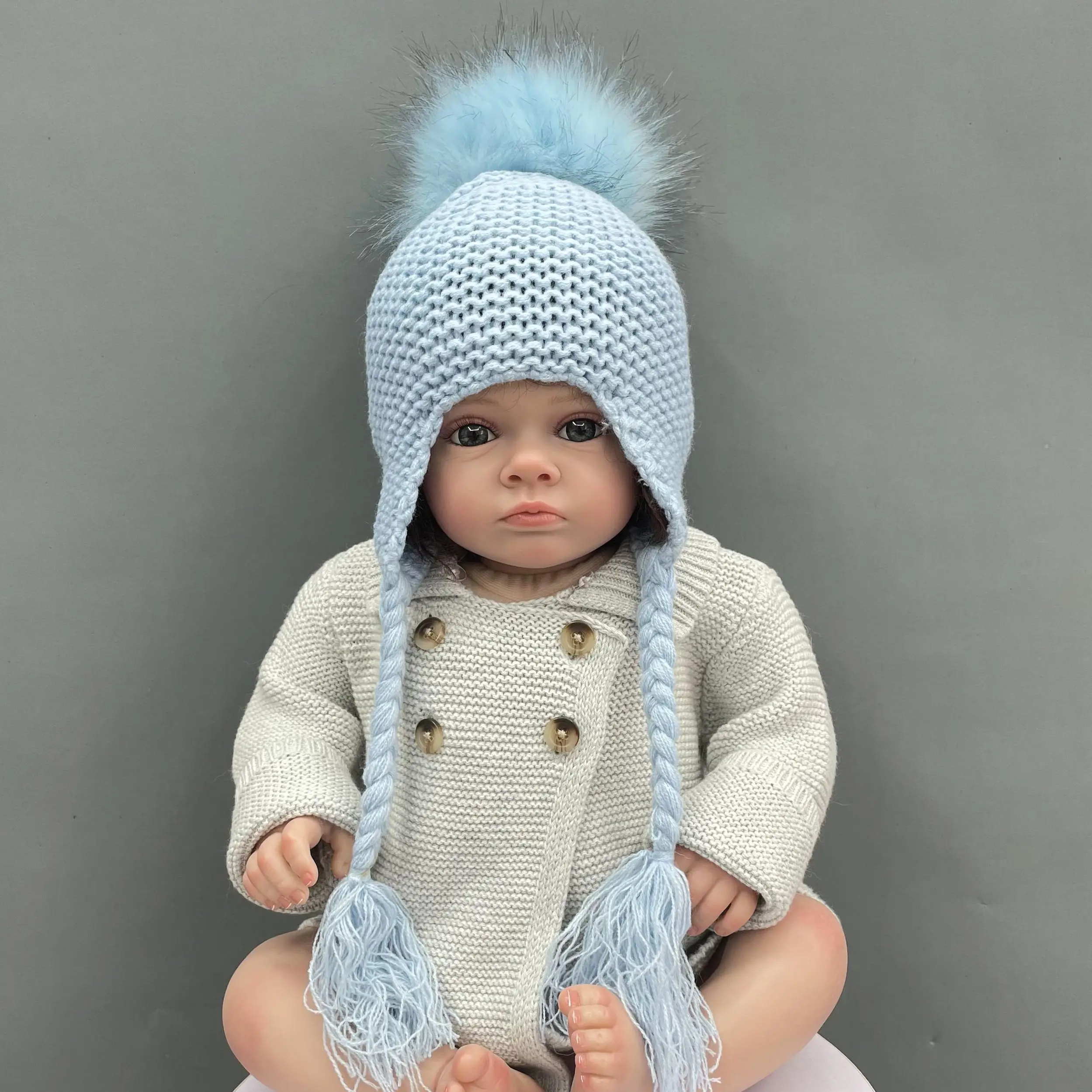 

Janefur Kids Beanie Hat with Faux Fur Pom Pom 2022 Cute Warm Knitted Cap with Earflaps Child Boys Girls High Elastic Bobble Hats