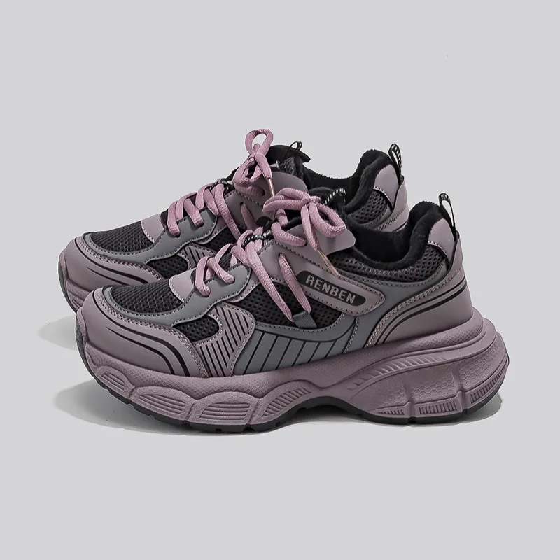 

Women's Casual Sneakers 2026 Spring Purple Fleece Dad Shoes Platform Versatile Student Casual Athletic Warm Cotton Sports Shoes