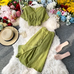 New Summer Women Casual Solid Skirts Suit Elegant Slim Crop Tops A-Line Saya 2 Pieces Set Female Fashion Party Night Outfits