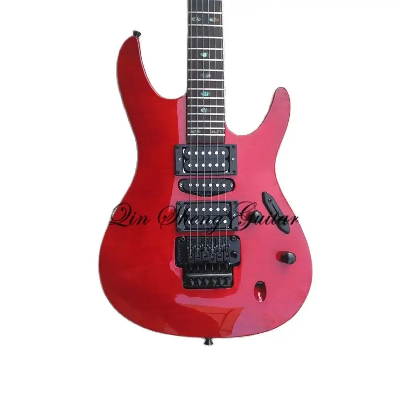 Ultra-thin Guitar 6 String Electric Guitar, Slim Guitar, Red Tiger Veneer Body, Tremolo Bridge, Black Buttons