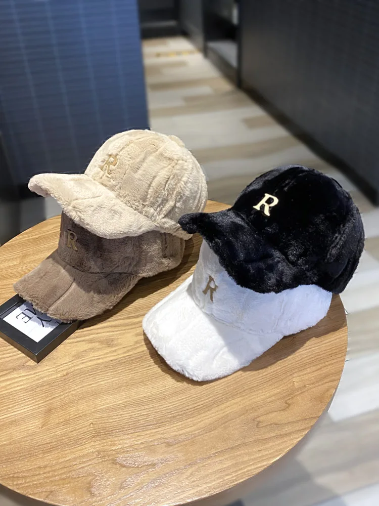 Metal Letter R or C Imitation Rabbit Hair Duck Tongue Hat Women\'s Warm Thickened Fashion Plush Baseball Hat Men