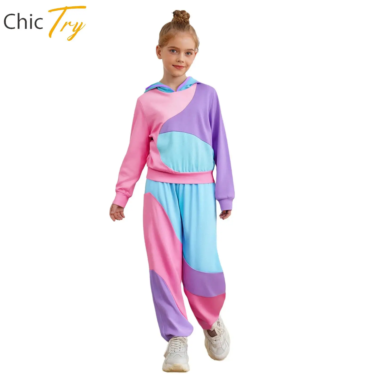 

Teen Girl Workout Outfit Colorblock Yoga Gym Fitness Sports Set Long Sleeve Hoodie+Stretchy Sweatpants Set Running Athletic Suit