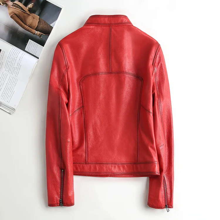 AYUNSUE-Chaqueta De piel De oveja auténtica para mujer, Chaqueta corta De cuero rojo, abrigo ajustado De motorista, ropa De calle De cuero Real, chaqueta De cuero