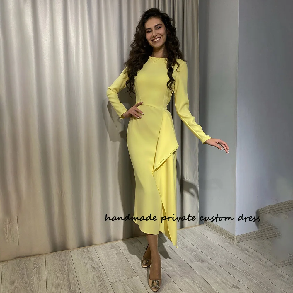 

Yellow Mermaid Saudi Arabic Prom Party Dresses Long Sleeve Mono Satin Dubai Celebrate Evening Dress Tea Length Formal Gowns