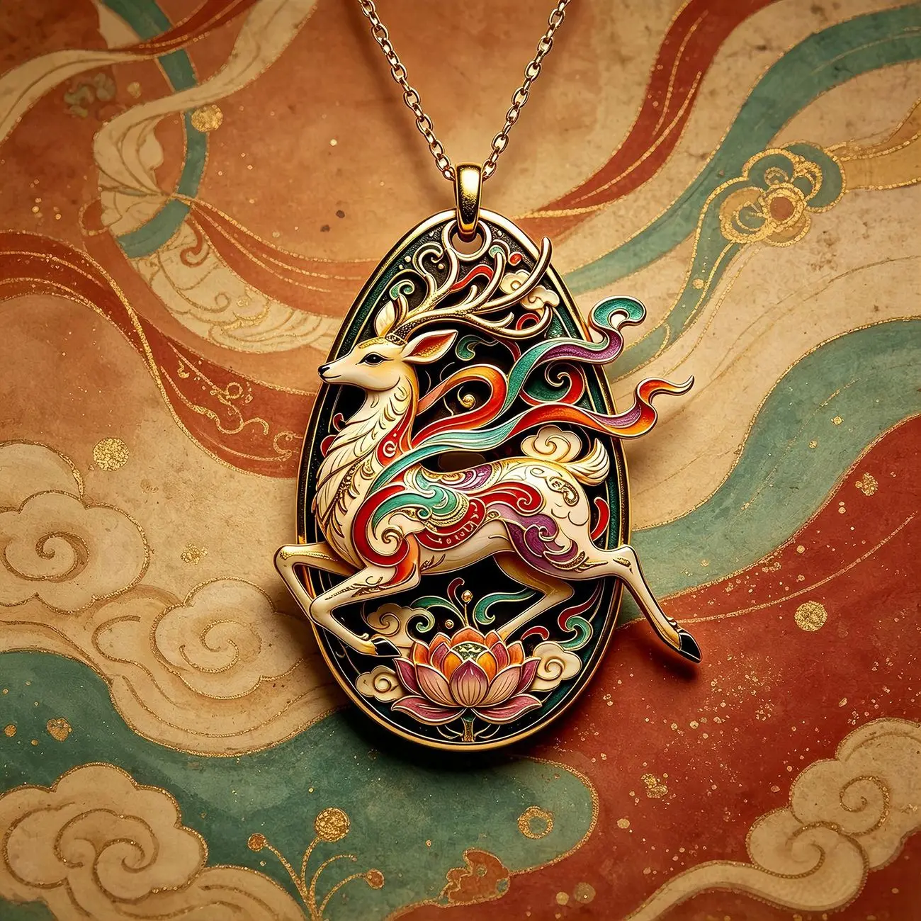 Dunhuang Mural Nine Colored Deer Pendant Necklace Lucky Divine Deer Metal Chain, Vintage Chinese Mythology Amulet Jewelry Gift