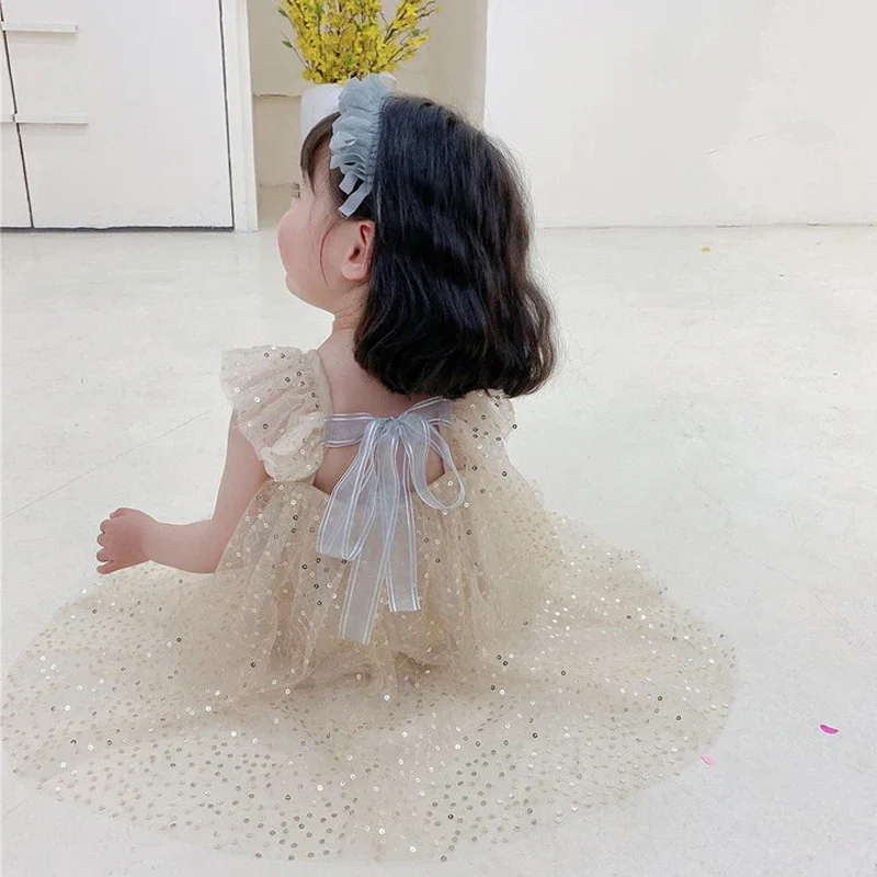 2022 Summer New Girls Dress Small Flying Sleeves Open Back Lace Mesh Princess Dress Beach Dance Dress Sequins Baby Kids Clothes