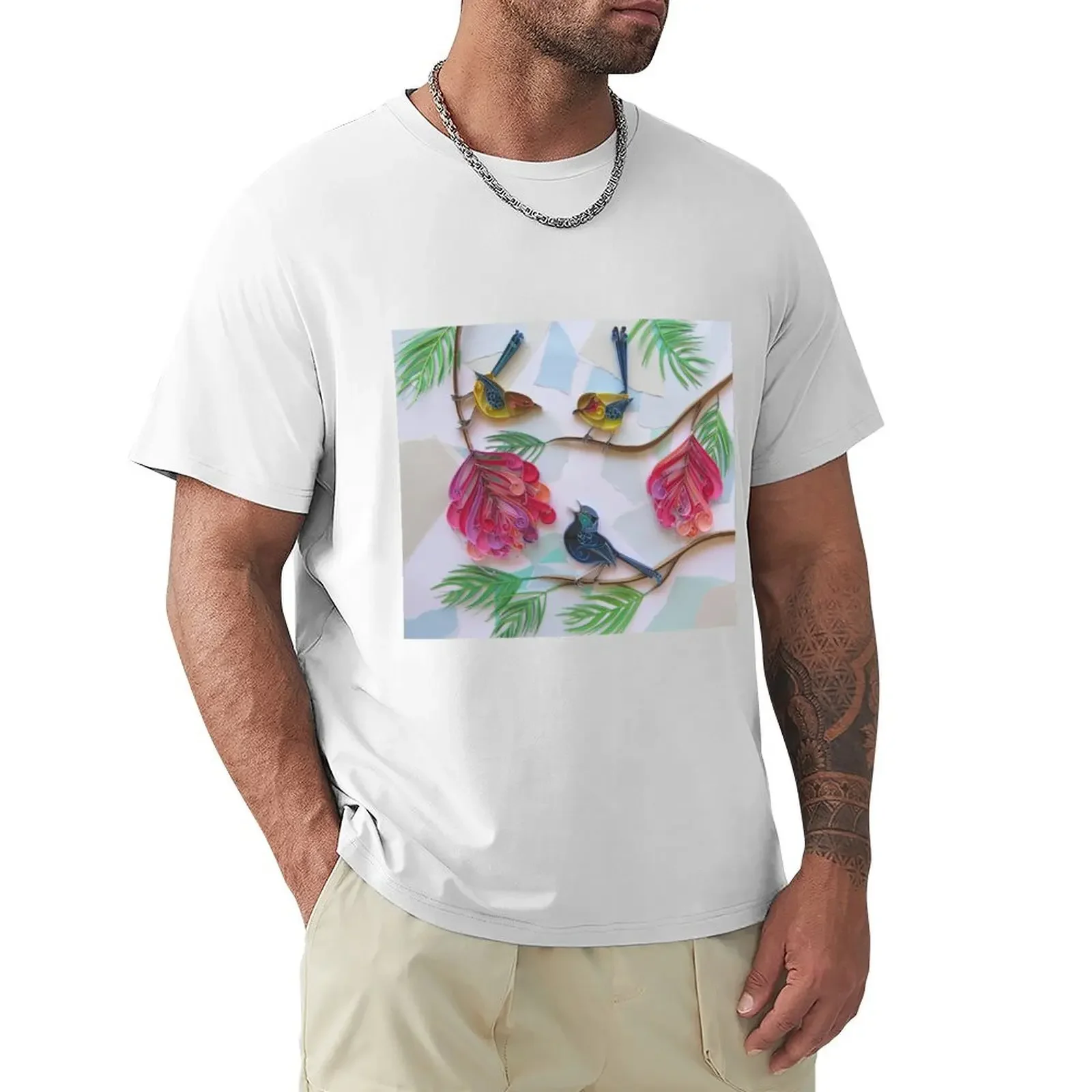 Three Blue Wrens amongst Grevillea T-shirt graphics tops men t shirt