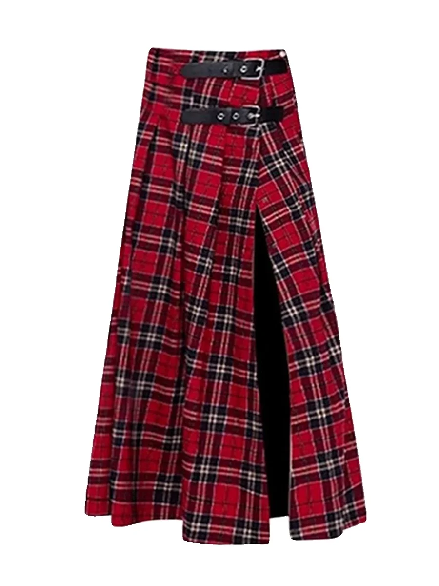 Ruibbit Red Plaid Long Buckle Pleated Skirt Sexy Spicy Girl Wrapped Belt Slit Half Length Skirt