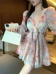 2024 Autumn Flower Chiffon Dress Women's V Neck Long Sleeve Floral Print Bandage Mini Flower Dresses Vestido