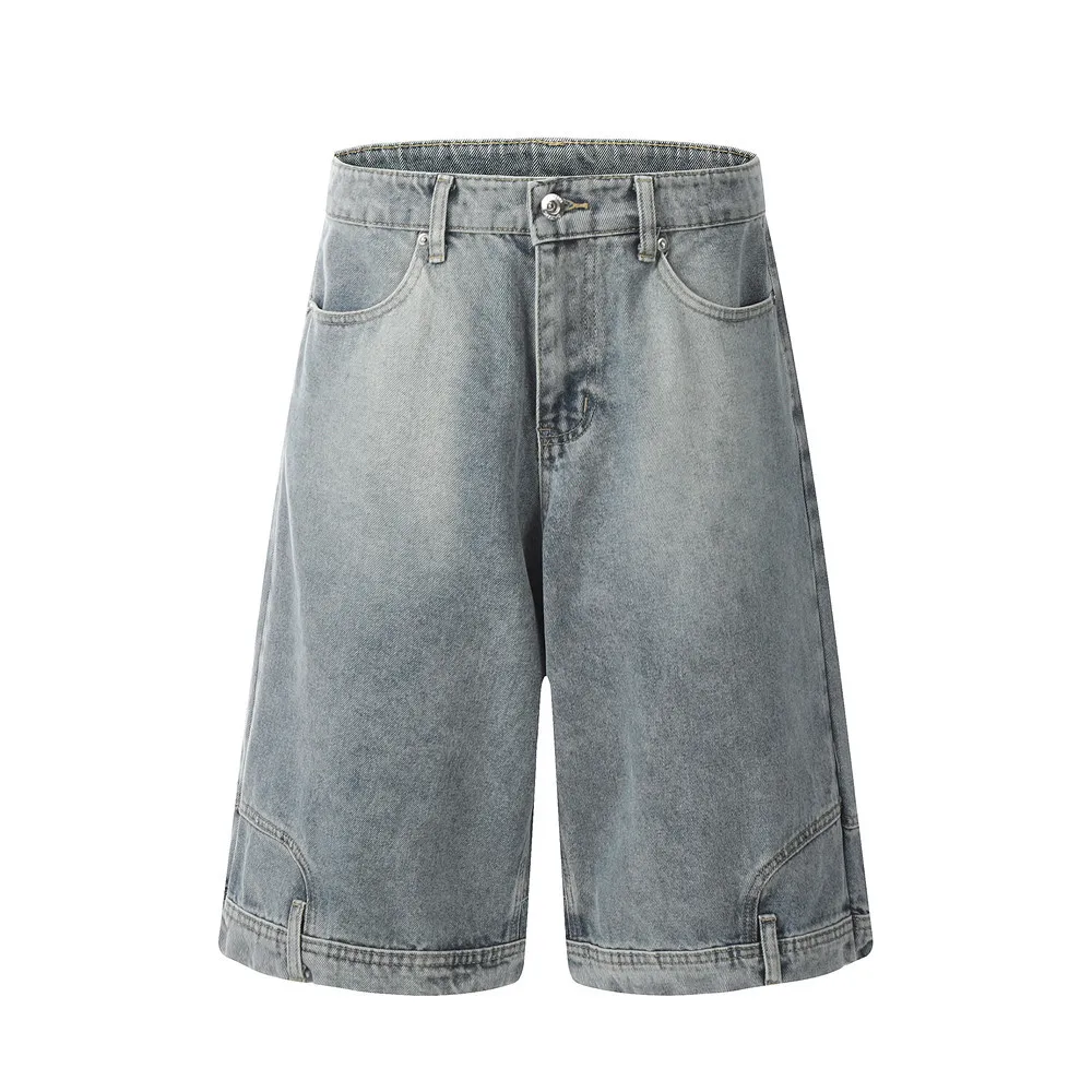 2025 American Style Men's Solid Color Loose Simple Basic Casual Trendy Knee Length Denim Trousers Male Cargo Jeans Pants Clothes
