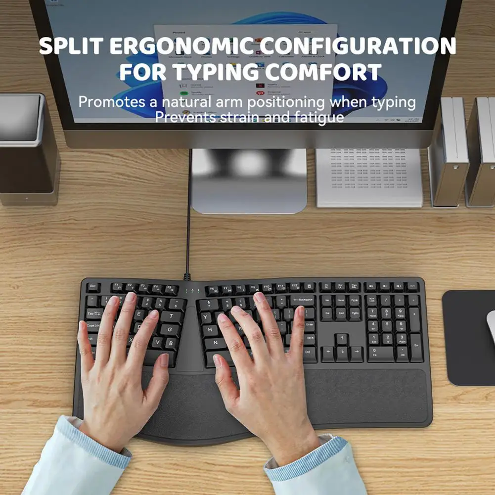 Imagem -03 - Teclado Dividido Completo com Fio Design Ergonômico Natural 110 Teclas Plug-play Universal Suporte de Pulso Material de Escritório
