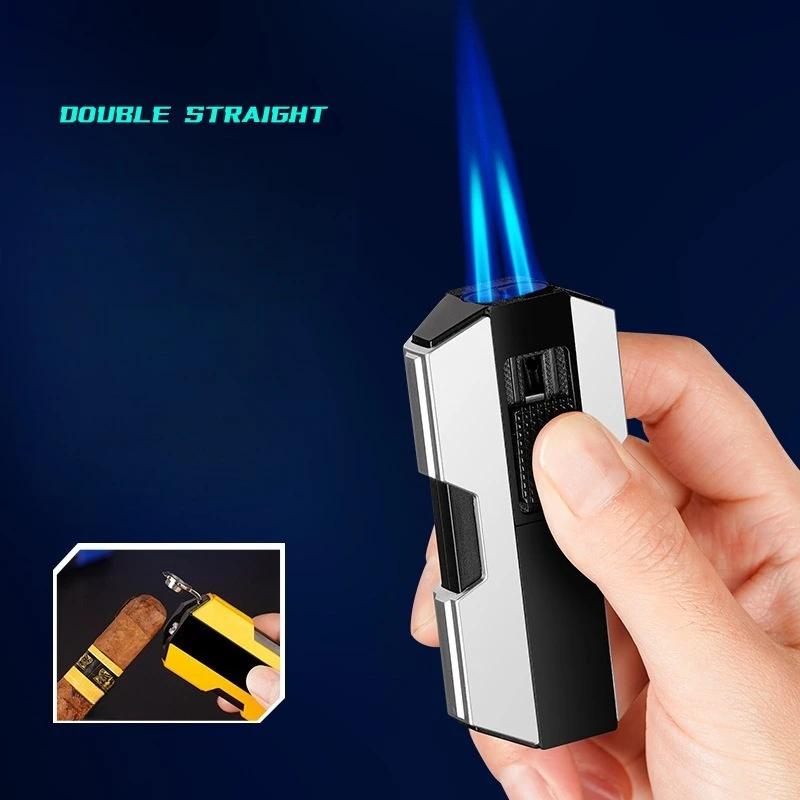 ولاعة غاز البوتان مزدوجة مستقيمة قاطعة السيجار النفاثة مع فتاحة ثقب نفخ مستقيم نفاثة عالية القوة النارية ولاعات السجائر