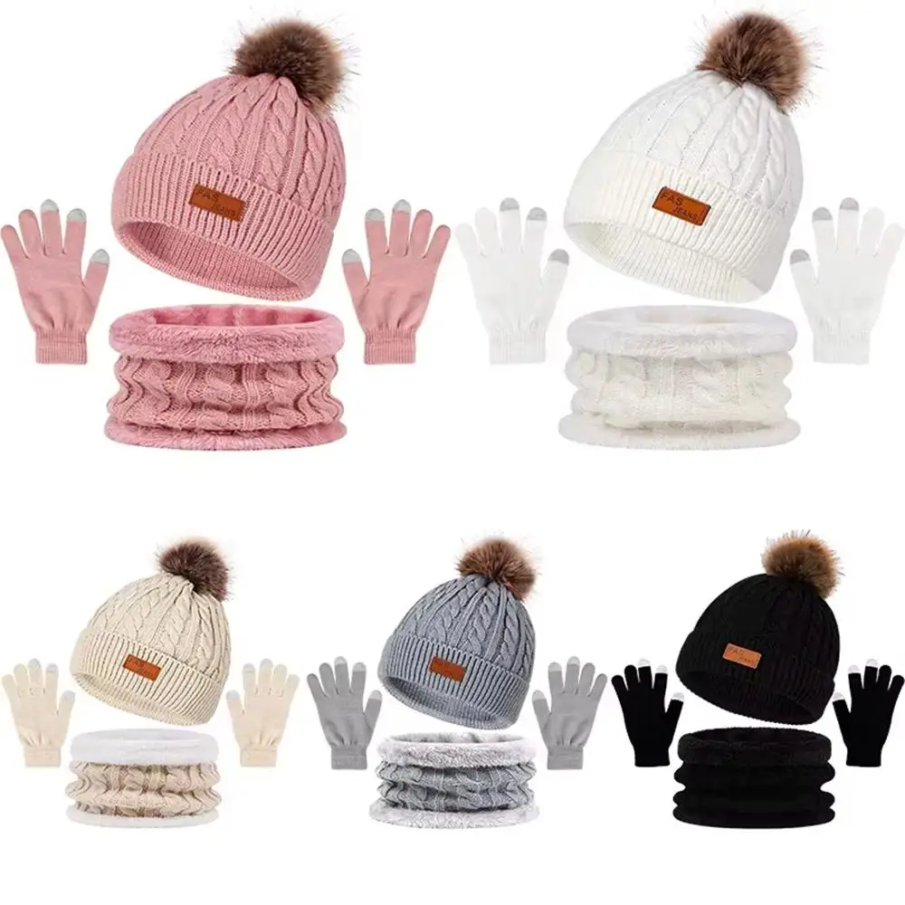 Set Sarung Tangan Syal Beanie Wanita Musim Dingin Modis Topi Beanie Tebal Rajut dengan Pom Penghangat Leher Hangat Cuaca Dingin