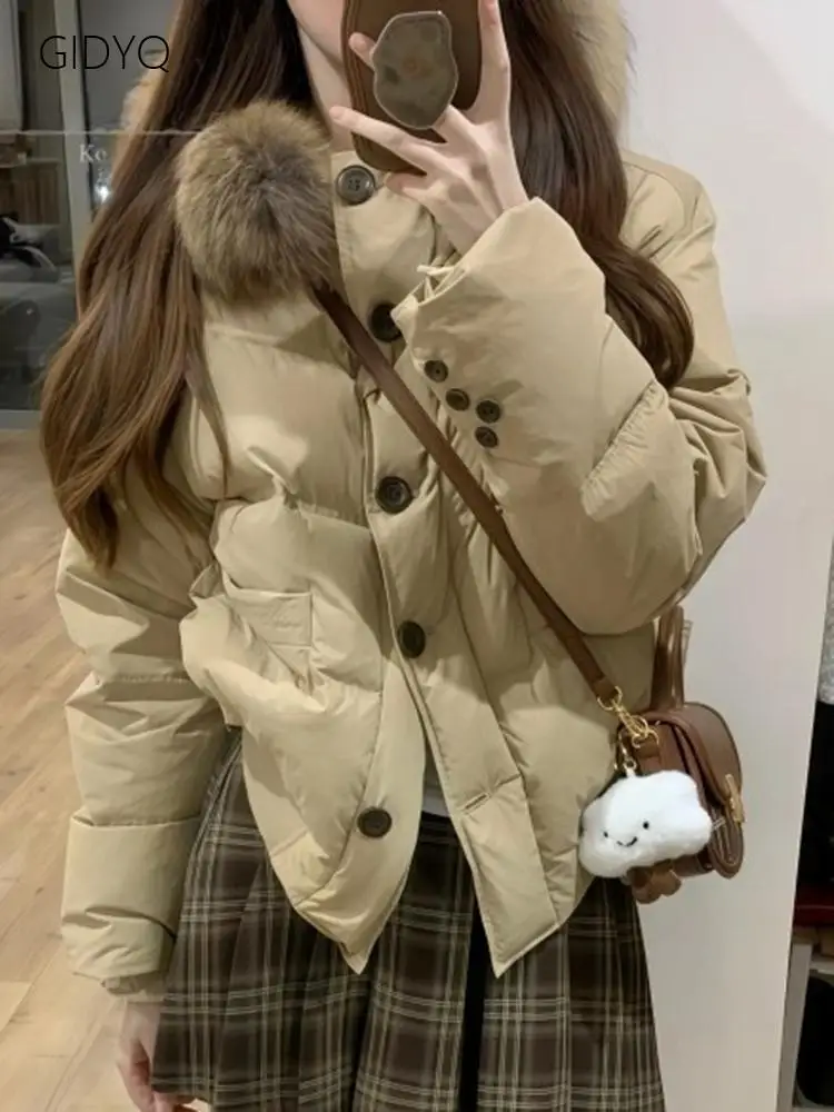 Preppy Style Sweet Parkas Women Winter Warm Thick Long Sleeve Loose Cotton Coat Cute Solid Casual Hooded Buttons Jacket Outwear