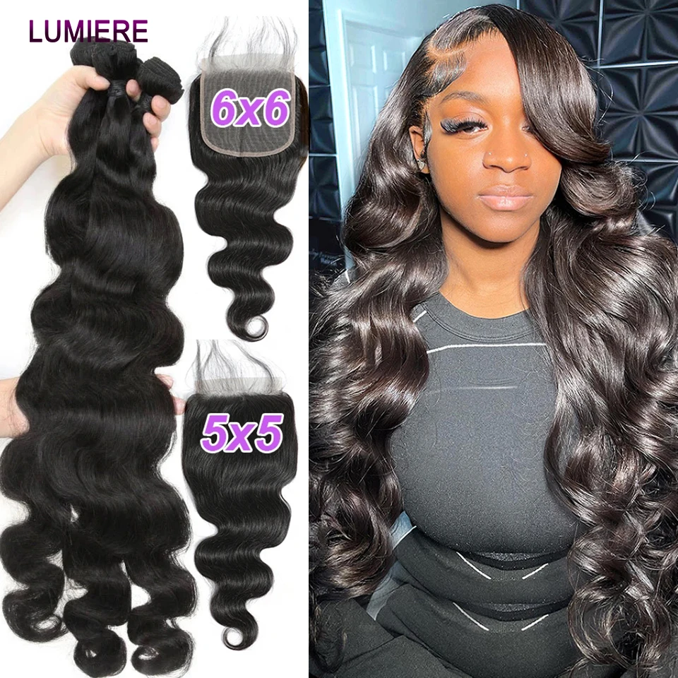 32 40”Body Wave Human Hair Bundle With Closure Frontal 5X5 HD Hair Weave 3/4 Bundle With Closure 6x6 HD Lace Closure With Bundle