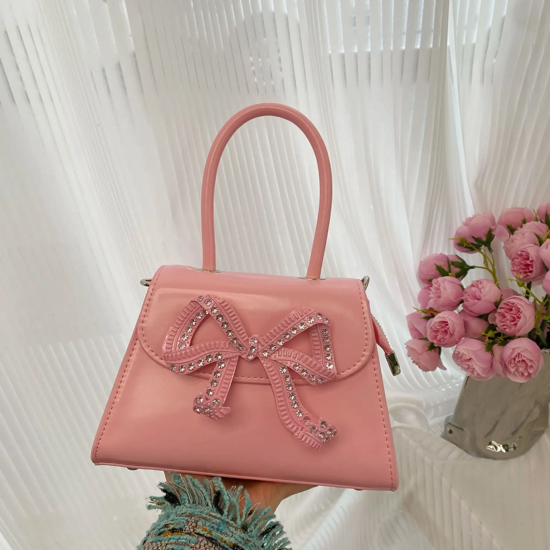 

Metal Bow Bright Simple All-match Handbag 2024 French Vintage Fairy Diamond Clutch Crossbody Bags Portable Messenger Bag