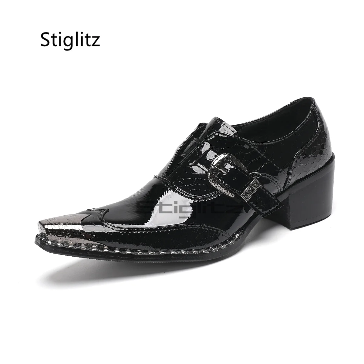

Metal Buckle Black Patent Leather Men's Shoes Pointed Toe High Heels Wedding Offfice Business Shoes British Style Male Loafers