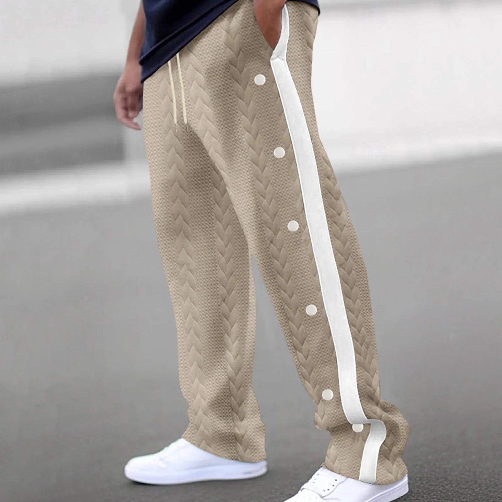 Autumn And Winter Men'S Casual Pants With Pocket Fashion Loose Jacquard Button Wide Leg Pants Drawstring Sweatpant Daily