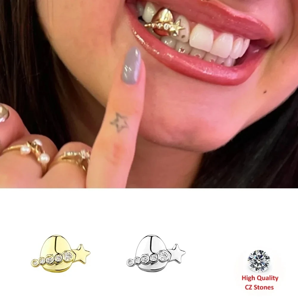 Hip Hop Single Tooth Round CZ Grillz with Meteor Star Design Top & Bottom Sparkling Punk Rapper Jewelry Christmas Gift