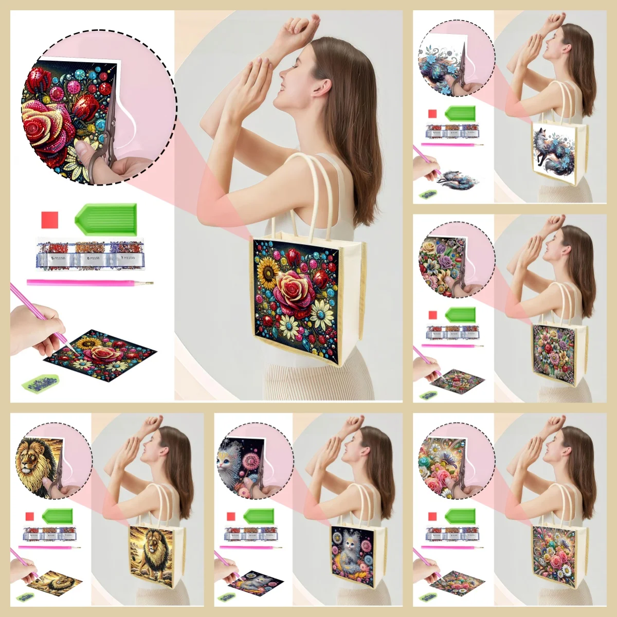 Diamond Painting 1PC Einkaufstasche mit Tiermotiv, aus Canvas-Material, geeignet für Frauen als Aufbewahrungs- und Organisations-Tasche