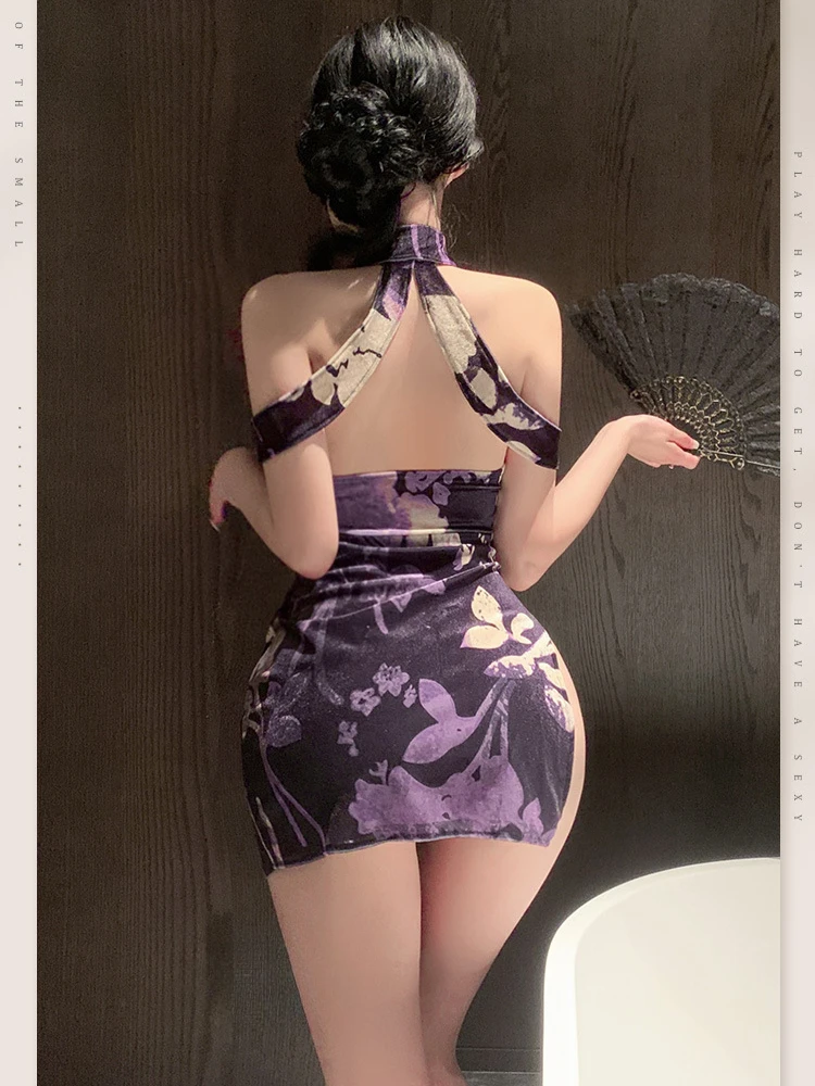 Sexy Pearl Chain Floral Velvet Cheongsam Erotic Split Off Shoulder Tight Nightclub Uniform Chinese Traditional Retro Qipao Dress