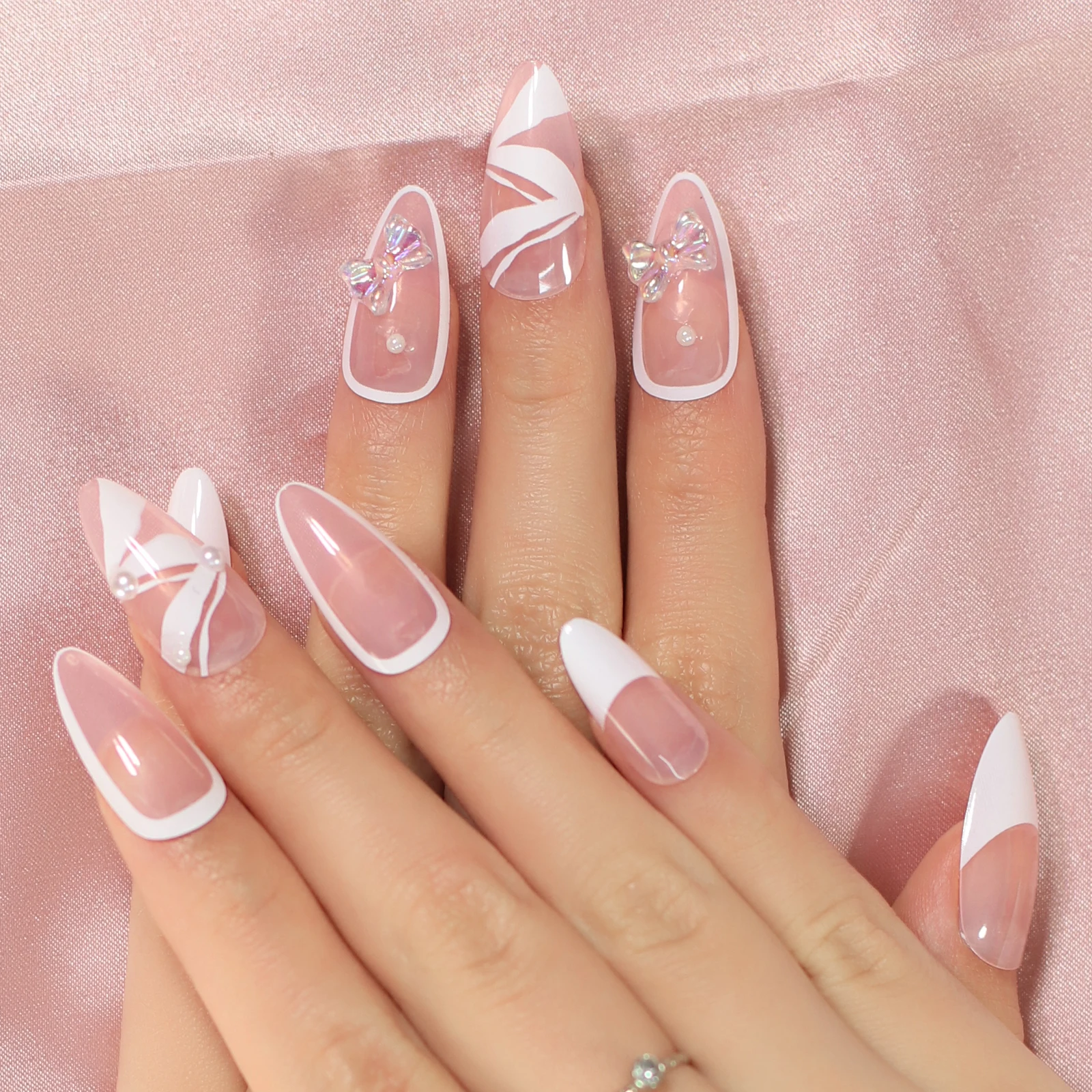 Almond Nails Designed Pink Color Necktie Pearl Gossy Lines Pre-designed Press On Nails Art Fake Nails Edge France