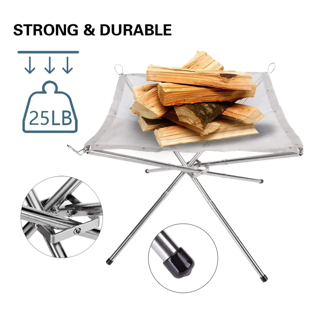 Portable Outdoor Fire Pit Collapsible Steel Mesh Stand Wood Heater Camping Stove Shelf for Backyard Garden
