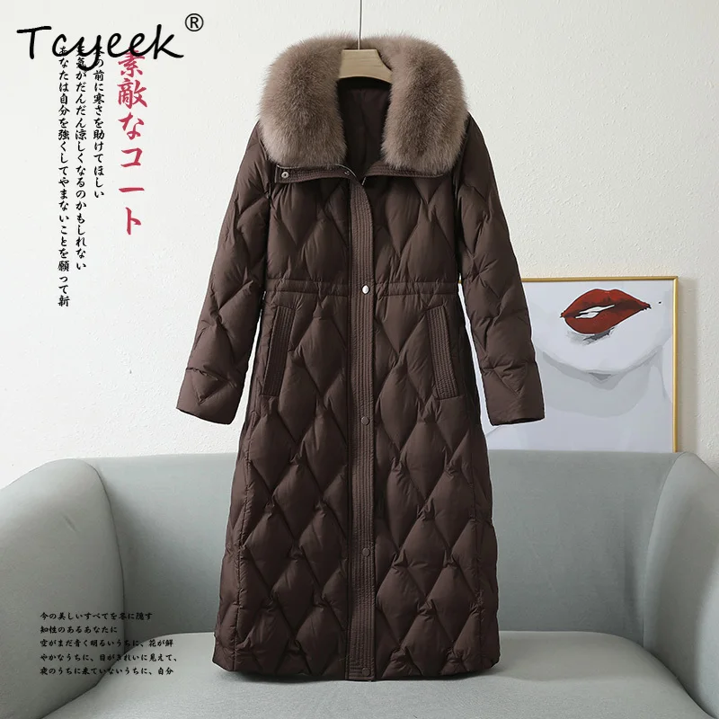 Tcyeek 秋冬韓国語バージョン取り外し可能なキツネの毛皮の襟スクエアカラーロング女性のホワイトグースダウンコート Veste ファム