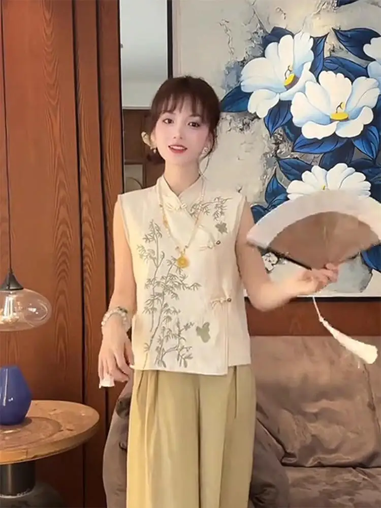 

Элегантный бамбуковый топ с вышивкой, воротником-стойкой и асимметричной застежкой на пуговицах, женская модная летняя новинка в стиле Gentlewoman