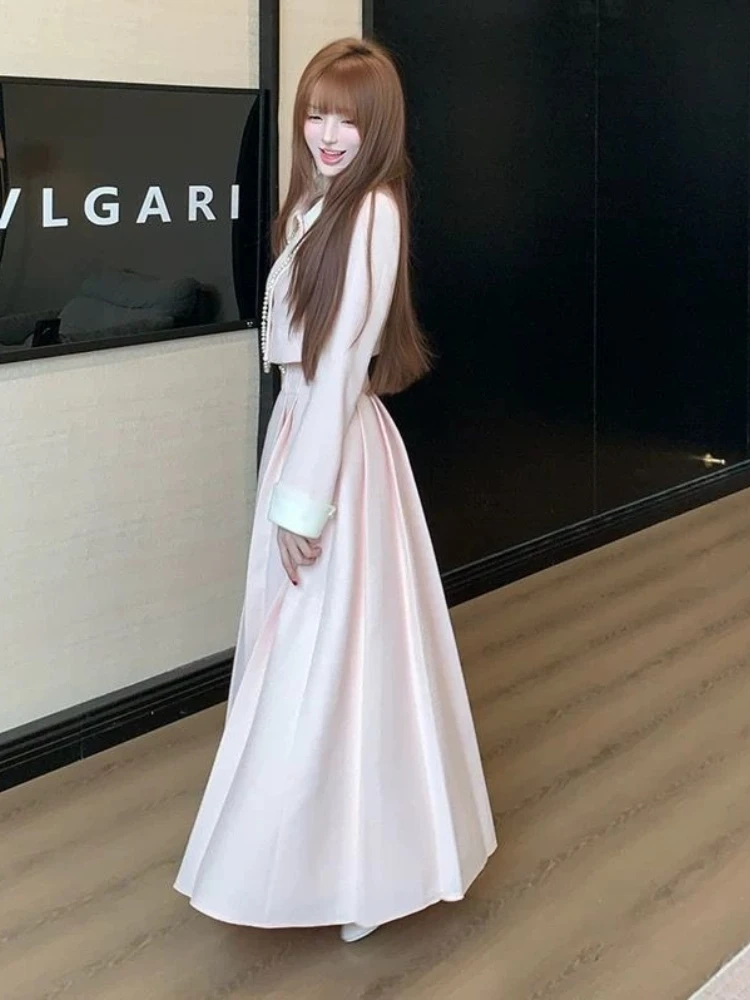 France chaud doux rose 2 pièces ensemble Design de mode revers court ample mince Cardigan femmes élégant taille haute Bouffant jupe longue