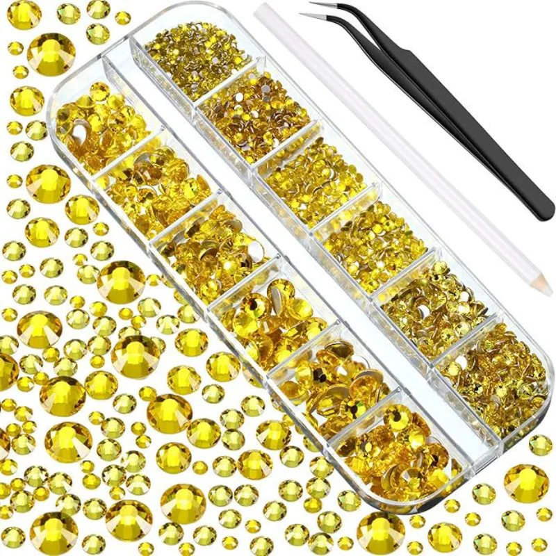 12Grid 2000pcs Mix Sizes Hot Fix Rhinestones Set Flatback Stone Crystal Glass Strass Glue on Rhinestones for Wearing Garment