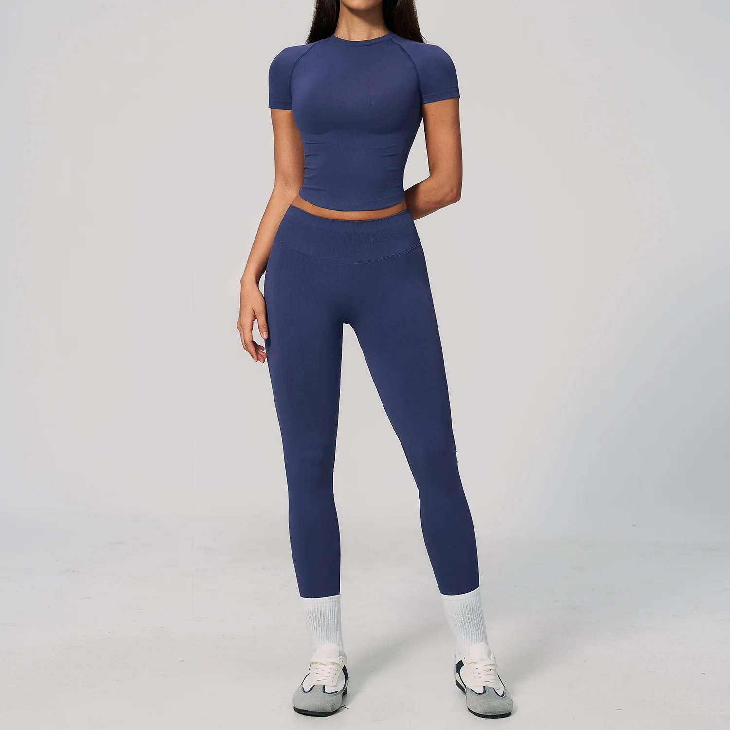 Women 2Pcs Seamless Yoga Set Short Sleeve Crop Top High Waist Scrunch Butt Leggings Squat Proof Fitness Gym Running Sports Suit