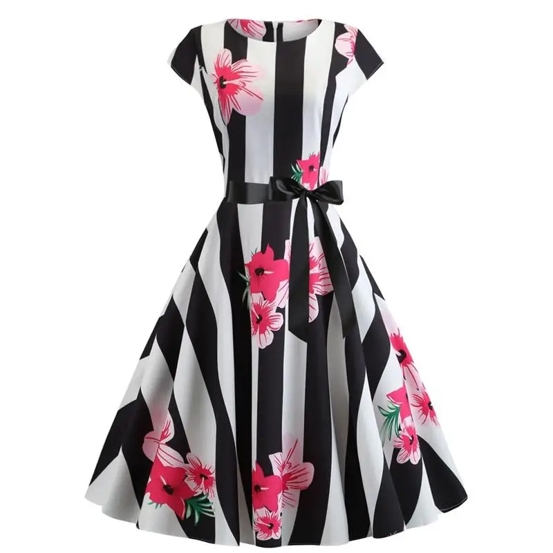 

Ретро-юбка миди в полоску с поясом, женская летняя модная винтажная юбка из полиэстера, короткая, с круглым вырезом