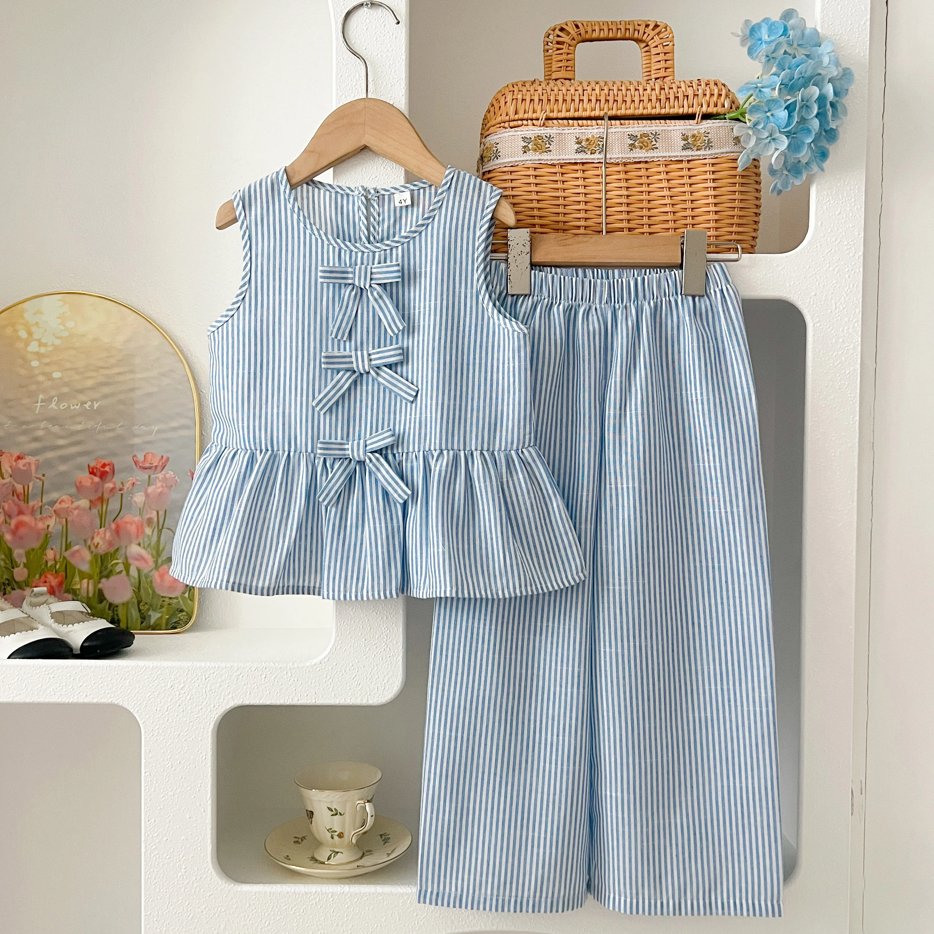 Summer Girls' Suits Blue vertical stripe Bow Sleeveless Vest Top+Pants Two-piece Set Sweet Kids' Clothing Sets